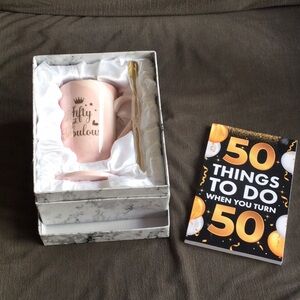 Pink 'Fifty and Fabulous' Mug with Gold Sppon & book